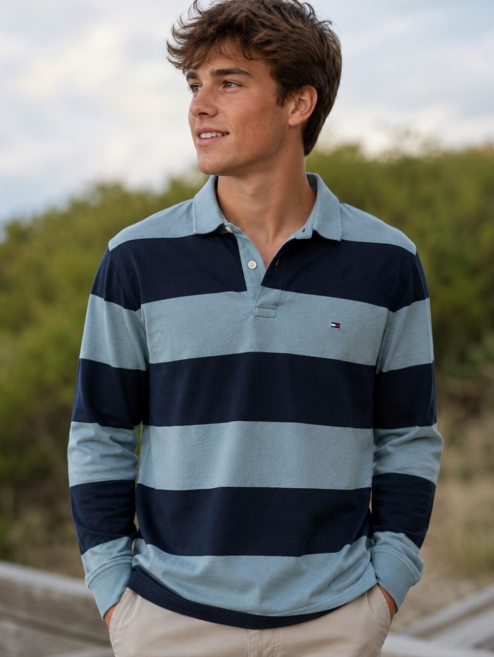 Tommy Hilfiger Striped Long Sleeve Rugby Polo Shirt Blue Navy Small
